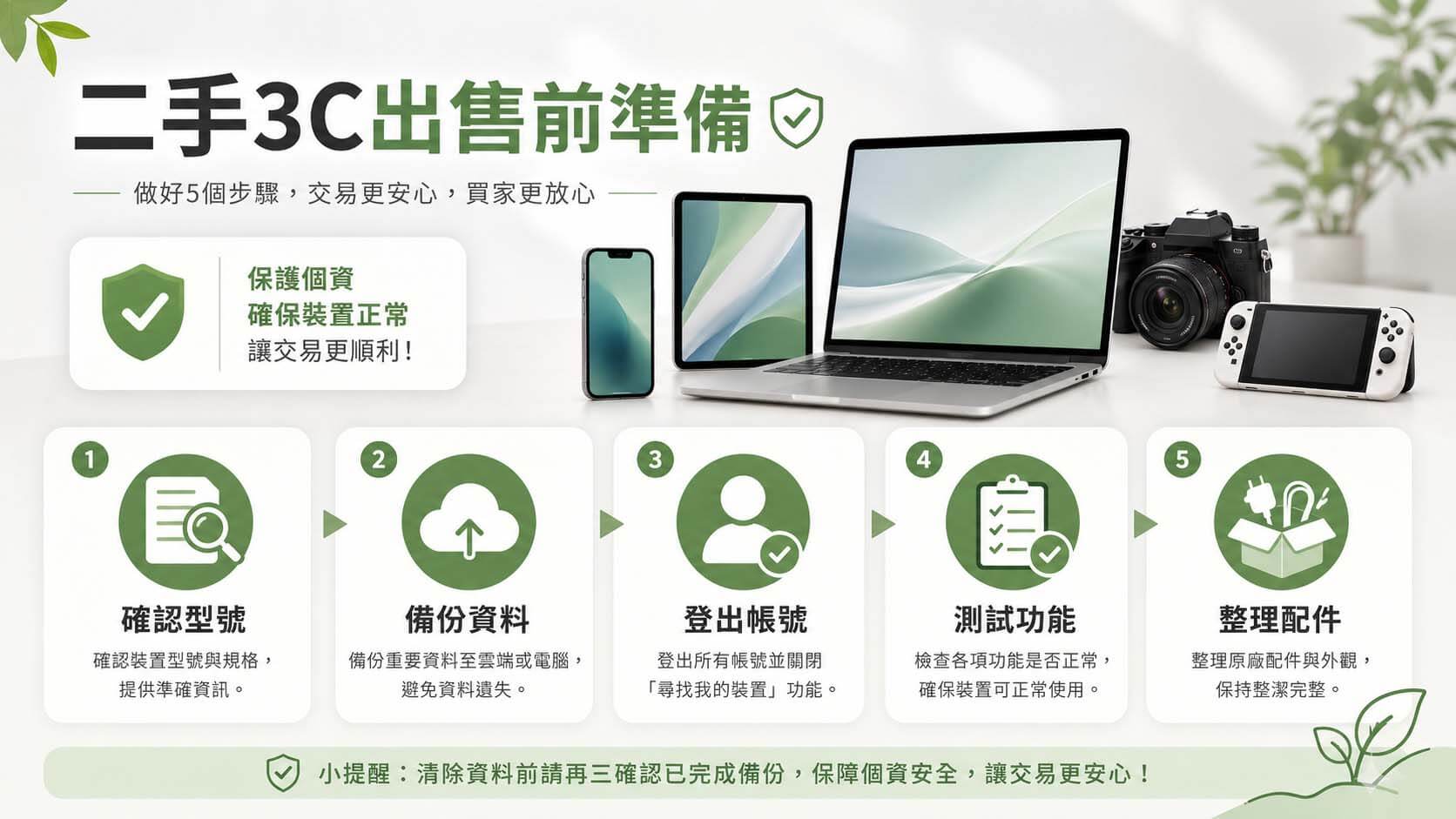 手機、筆電、相機與遊戲主機旁放置資料備份、功能檢查及配件整理圖示